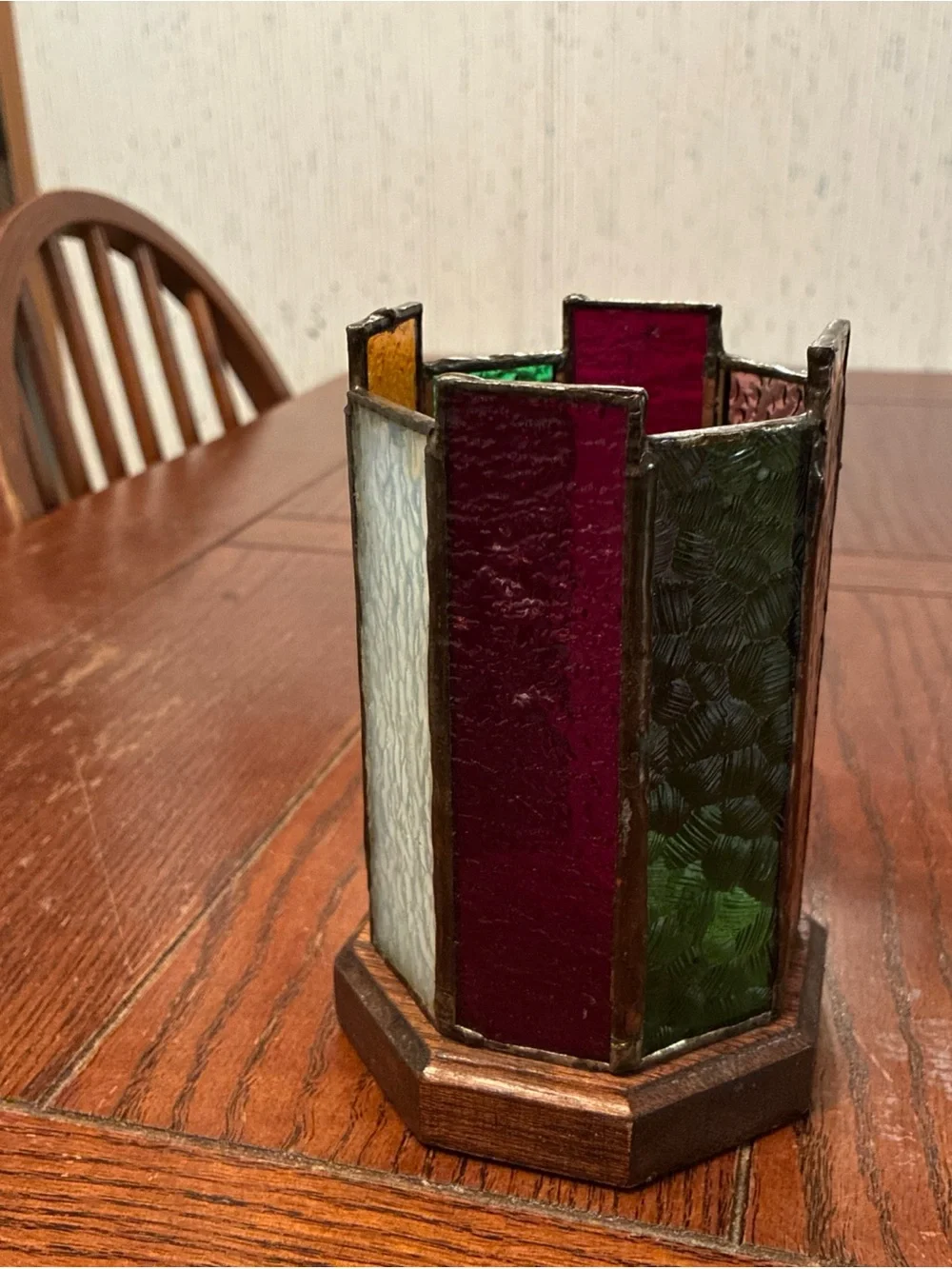 Vintage Textured Stained Glass Candle Holder Copper Solder Joints Wood Base